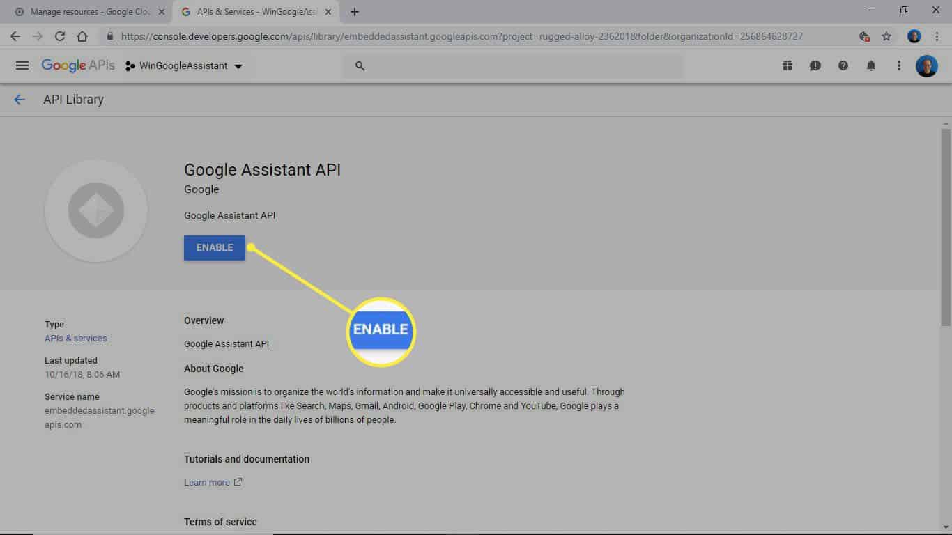 API del Asistente de Google con el botón ENABLE mostrado