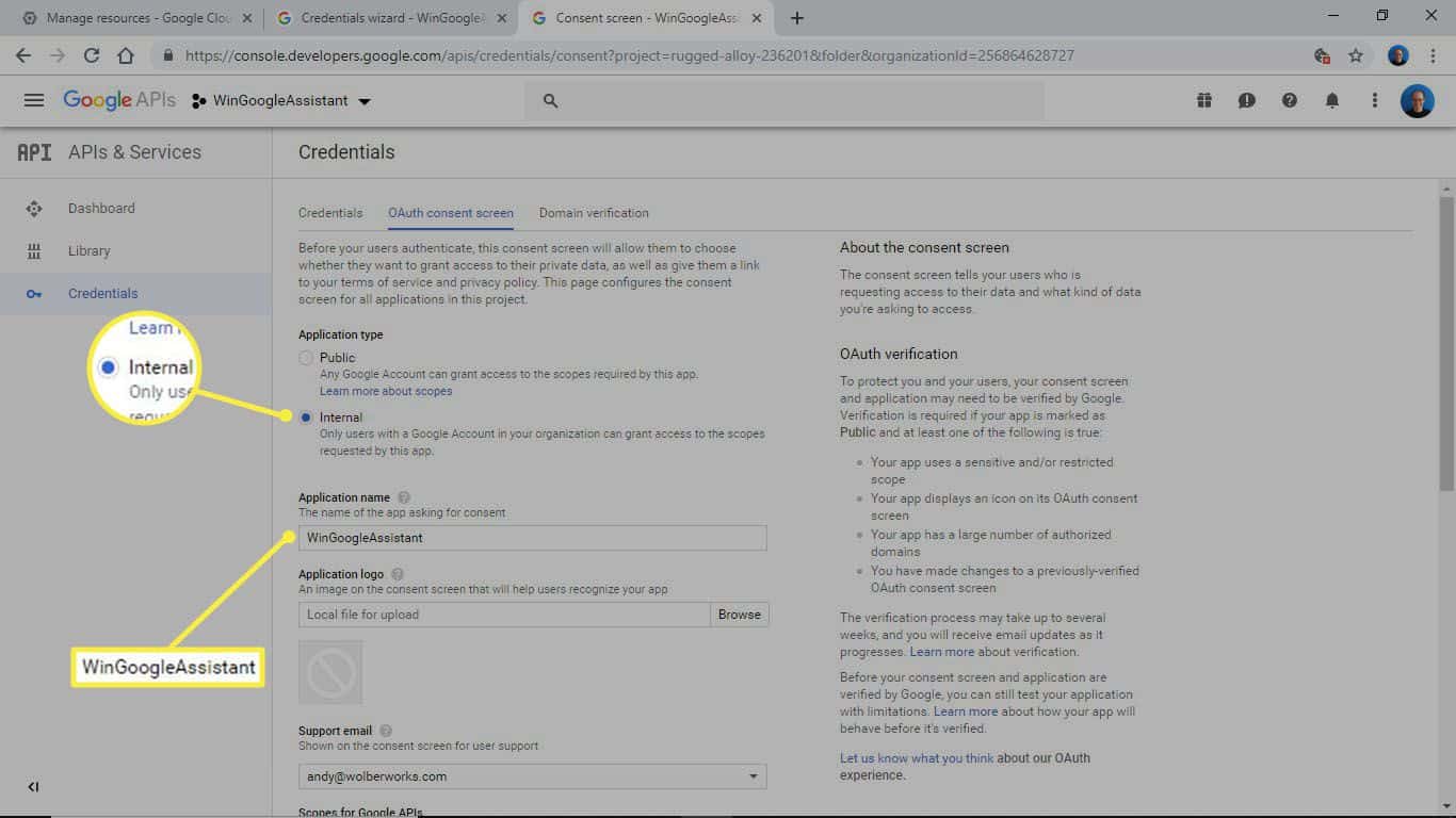 Opciones de la pantalla de consentimiento de OAuth, con INTERNO seleccionado y el nombre de la aplicación como "WinGoogleAssistant"