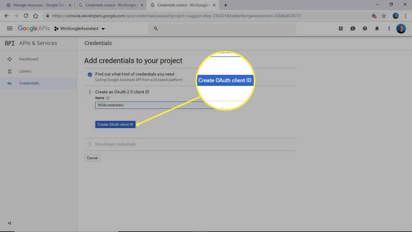 Página "Agregar credenciales a su proyecto" de la API de Google, con el nombre de la credencial "WGAcredentials"
