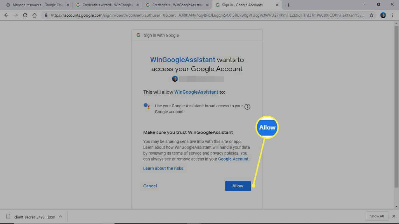 WinGoogleAssistant quiere acceder a su cuenta de Google", con el botón Permitir mostrado