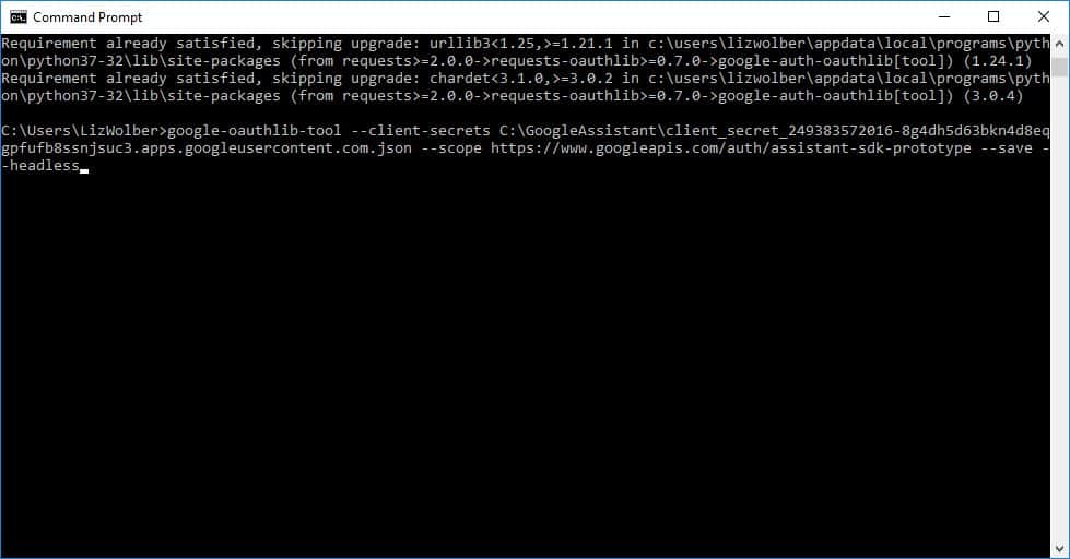 Captura de pantalla del comando del símbolo del sistema para agregar el secreto del cliente de Google OAuth