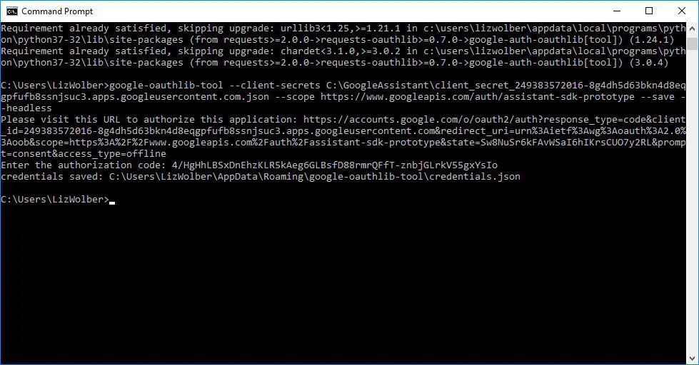 Captura de pantalla de la pantalla del símbolo del sistema después de pegar el código de autorización. Muestra el mensaje "credenciales guardadas"